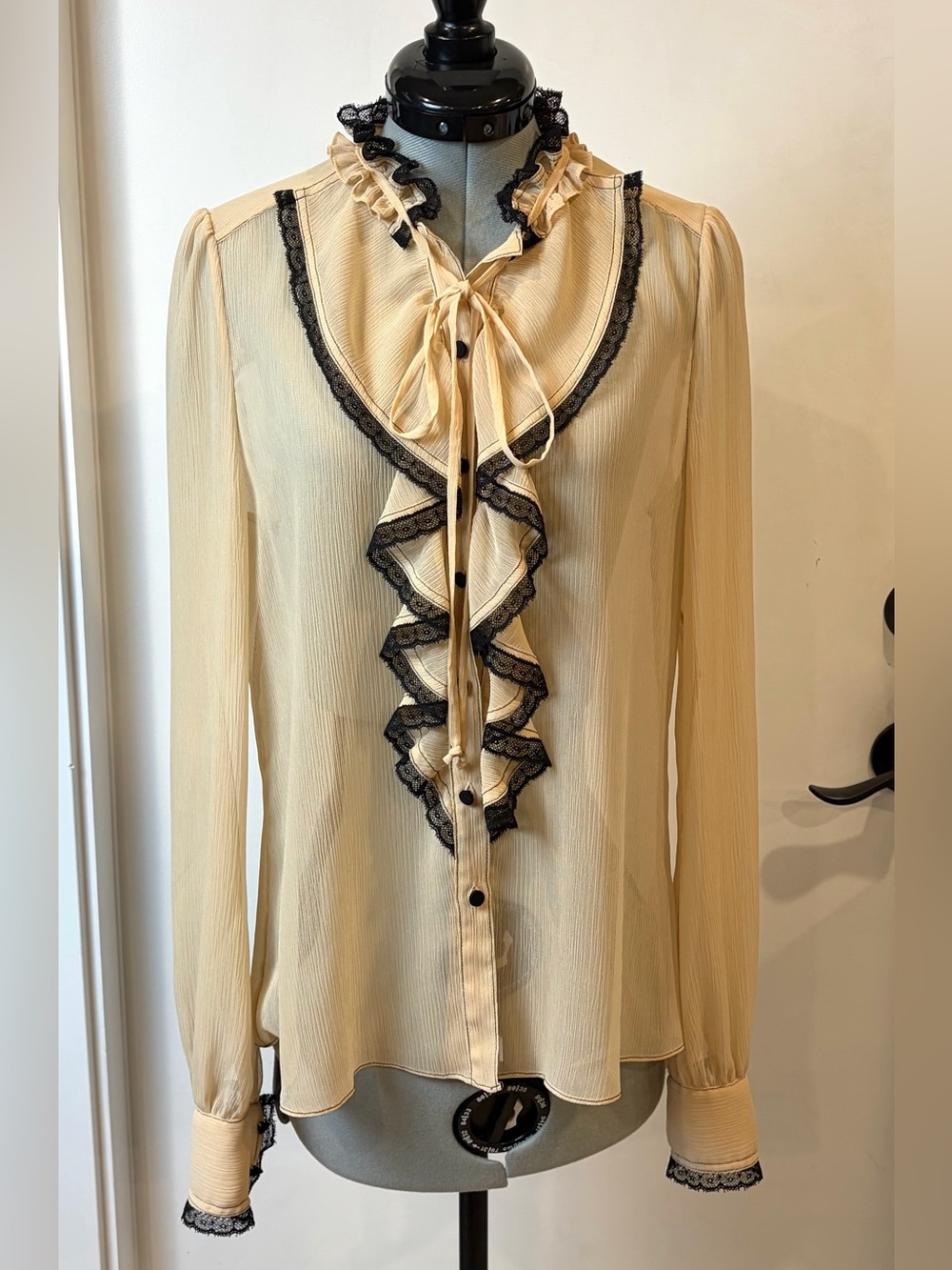 Alexis Ximena Sheer Ruffle Blouse, Black Lace Accents, sz S, EUC - Picture 2 of 12